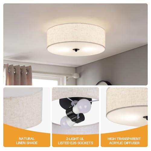 Flush Mount Ceiling Light Fixture, 13 Close to Ceiling Light with Beige Fabric Linen Drum Shade, 2-Light Modern Round Ceiling Light for Bedroom Hallway Dining Kitchen