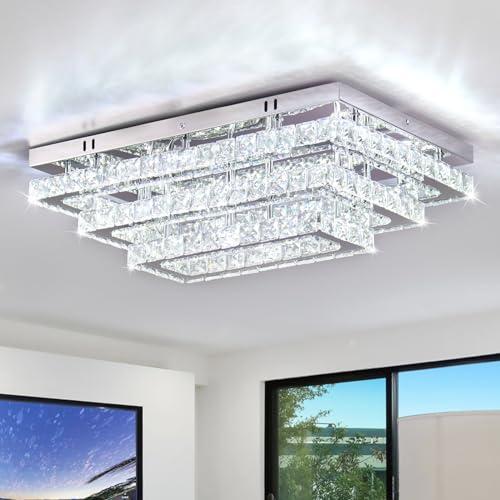 20 White Finktonglan Modern Crystal LED Ceiling Light Fixture 20” Rectangular Flush Mount Chandelier Ceiling Lights 3-Tiers Stainless Steel Ceiling Lamp Fixtures for Living Room Dining Room(6500K Cool White)