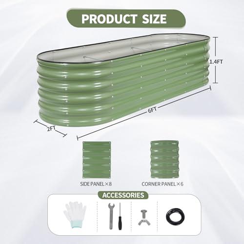 Galvanized Raised Garden Bed Outdoor- 6x2x1.4FT Planter Box, Green | Metal Raised Beds for Gardening, Steel Raised Garden Bed Kit with Safety Edging and Gloves for Vegetables, Flower, Herbs