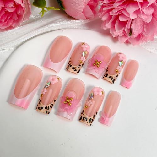 24Pcs 3D French Tip Press on Nails Long Square Flower Fake Nails with Rhinestones Design Pink False Nails Leopard Coffin Tip Stick on Nail Spring Summer Acrylic Nail Floral Glue on Nails for Women