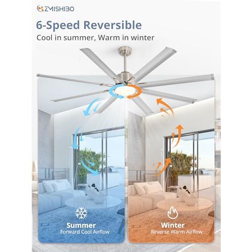 ZMISHIBO 72 inch Smart Aluminium Blade Ceiling Fans with Lights and Remote, Outdoor Large Ceiling Fans with Remote/Alexa/App for Patio Living Room, Nickel Ceiling Fan, 8 Blades