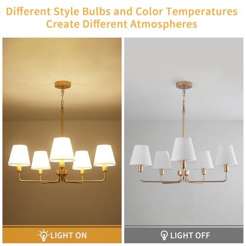 Farmhouse Chandelier, Gold Modern Dining Room Light Fixture with White Fabric Shade, 5-Light Height Adjustable Industrial Pendant Island Light Fixture for Foyer Entryway Hallway Kitchen Bedroom