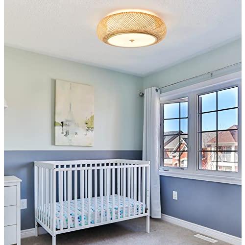 Bamboo Flush Mount Ceiling Light Handwoven Rattan Light Fixture, 3 Lights Boho Ceiling Lamp for Bedroom, Entryway, Foyer (15-inch)