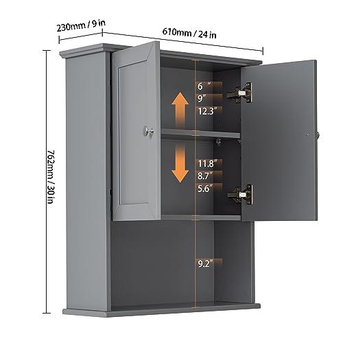 Grey Wall Mounted Bathroom Cabinet 24x30 Inch Wooden Over Toilet Storage Cabinet with 2 Doors, Above Toilet Medicine Cabinets for Bathroom Laundry Room Bedroom Kitchen