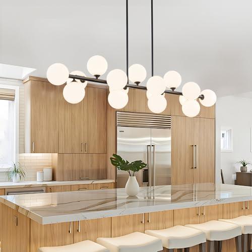 Black 55 x 11.8 x 82.6 Linear Chandeliers for Dining Room, 55in Large Modern Globe Chandelier 16-Light Large Pendant Lights Kitchen Island Lighting with Milk White Glass Sputnik Chandelier Bubble Sputnik Light Fixture