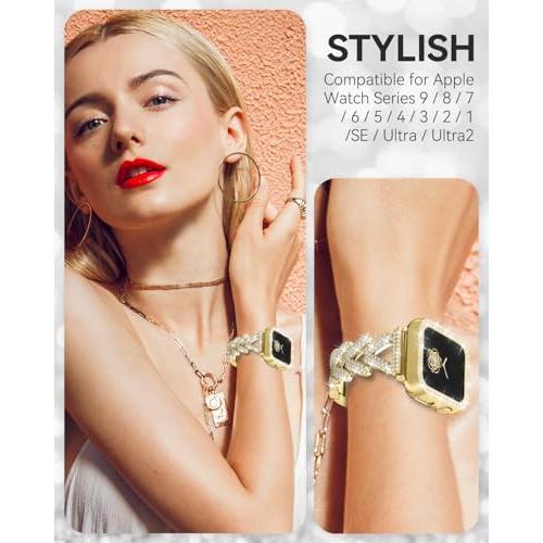 Rhinestones Encrusted Metal Bracelet and Case, Compatible with Apple Watch Bands 38mm-49mm (Series 11/10/1/SE/Ultra 2)- Bling Gold Women's Jewelry Strap, Luxury iWatch Bracelet