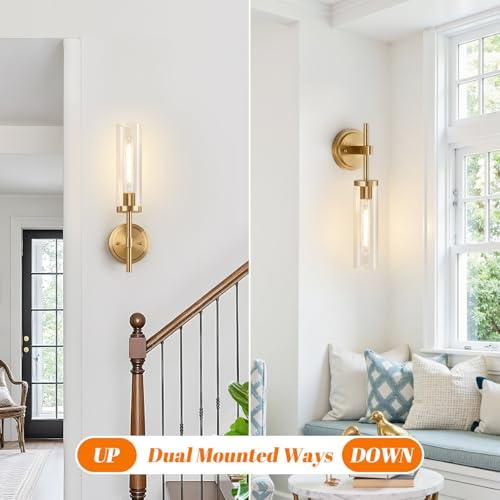 MOKATNG Hardwired Wall Sconces, Brushed Gold Bathroom Sconces with Clear Glass, Modern Wall Light Fixtures for Bathroom Mirror Vanity, Living Room, Bedroom, Hallway, Stairway, Cabinet, Foyer