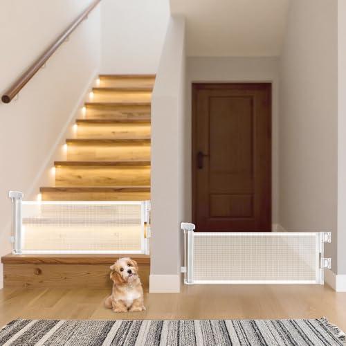 2 Packs Retractable Short Dog Gate - Small Puppy Mesh Safety Pet Gates Doggy Door for Doorways Stairs Kitchen Hallways Indoor, 14 Tall, Extends up to 59 Wide, White