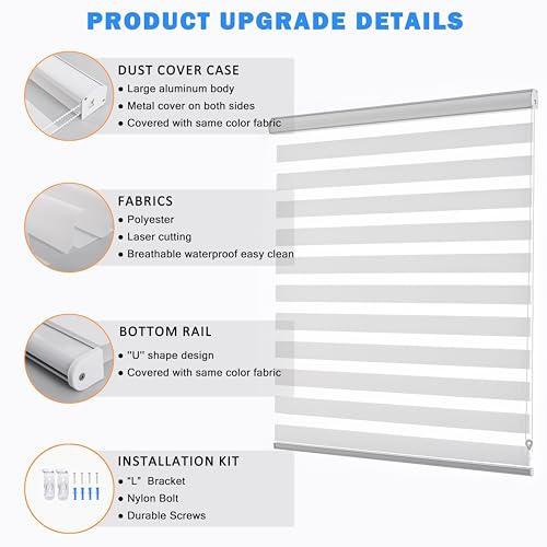 Zebra Roller Shades, Dual Layer Roll Up Blind for Living Room, Semi Sheer Shades Window Privacy Light Control for Day and Night, (Maximum Height 72inch, White Color, Width 36 inch)
