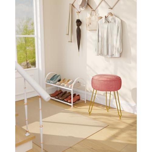 IBUYKE Velvet Round Footrest Ottoman, Makeup Vanity Stool Side Table, Velvet Dressing Table Seat, Pouf Couch Stool, Golden Steel Legs, Pink LG-30P