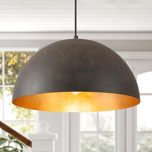 Farmhouse Pendant Light,15.7 Black with Brown Grain Industrial Dome Light Fixture,Adjustable Vintage Chandelier for Kitchen Island,Dining Room,and Bedroom