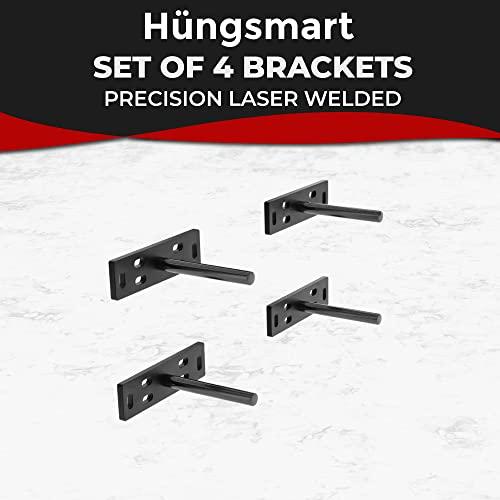 Set of 4 Floating Shelf Brackets Heavy Duty (1/4 inch Thick Baseplate) Painted Black Mild Steel/Bracket for Hidden Wall Shelves Support Hardware Mount Kitchen/Nursery Decor (4 inch Rods)