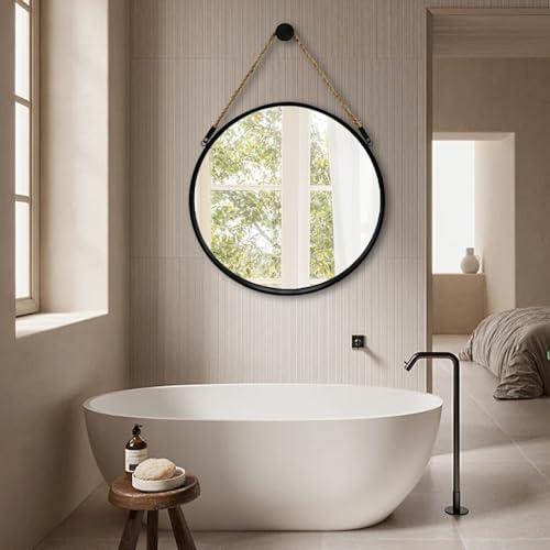 POZINO Round Mirror, 24 Inch Hanging Mirror with Rope, Circle Wall Mirrors, Black Frame Farmhouse Mirrors for Bathroom Bedroom Living Room Entryway Home Decor