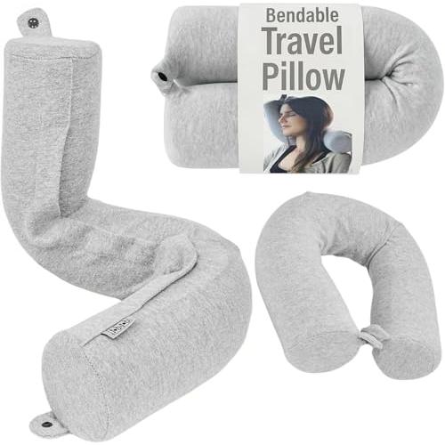 Dot&Dot Twist Memory Foam Travel Pillow, Bendable Neck Pillow for Airplane, Car and Home, 26-Inch Adjustable Roll with Washable Cotton Cover, Gray