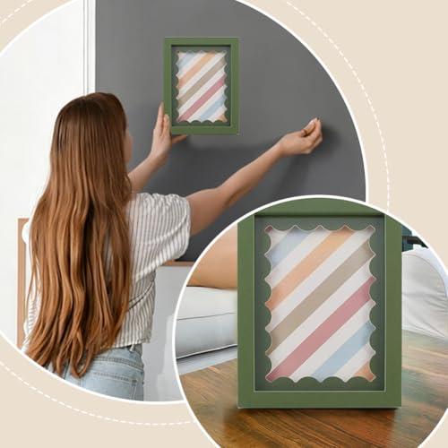 1 Pack Wood Picture Frames, 5.9x7.8 Fresh Green Frame with Support, Hook and Wavy Mat for Tabletop and Wall Hanging, Simple Style for Home Decor and Gifts Giving