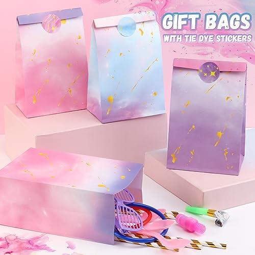 HEJIN 30PCS Tie Dye Party Bags with Stickers, Pink and Purple Small Gift Bags, Mermaid Unicorn Birthday Party Favors Bags for Girls Goodie Bags for Kids Birthday Party, Baby Shower, Halloween, Wedding
