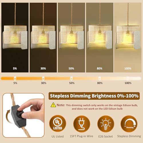 Boho Plug in Pendant Light, Stepless Dimmable Boho Chandelier with Bamboo Woven & Linen Fabric Shade, 11.2ft Plug-in Hanging Lamp Fixture for Hallway Kitchen Island Dining Room Bedroom(Not Bulb)