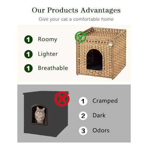 SETVSON Cat Litter Box Enclosure Furniture, Hidden PE Rattan, Natural | PE Rattan Kitty House with Top Fence, Fits Standard Litter Box, Included Litter Mat, 2 S-Hooks, Sturdy Metal Frame