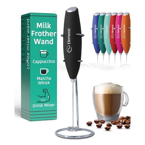 Milk Frother Wand & Electric Stirrer with Stand - Turbo Coffee & Milk Frother Handheld - Hand Held Coffee Mixer Wand & Cold Foam Maker for Frothy Cappuccinos, Lattes & Drink Mixes at Home (Black)