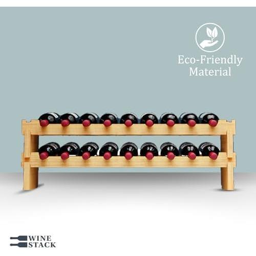 18 Bottle Bamboo Stackable Small Wine Rack for Countertop, No Tools Assembly, Durable, Wine and Liquor Bottle Storage for Small Spaces