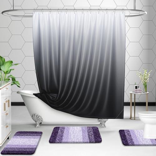 OLANLY Bathroom Rugs Sets 4 piece, Soft Microfiber Absorbent Bath Mat | Violet, U-Shaped Contour Toilet Mat and Toilet Lid Cover, Quick Dry, Machine Washable, Toilet Cover and Rug Set for Bathroom