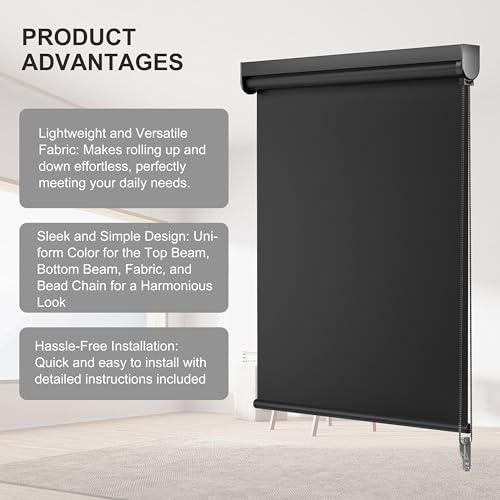 Blackout Roller Shades for Windows, Color-Matched Roller Blinds, UV Protection, Thermal Insulation Fabric Room Darkening Shades for Home, Office, Black, Custom Size.