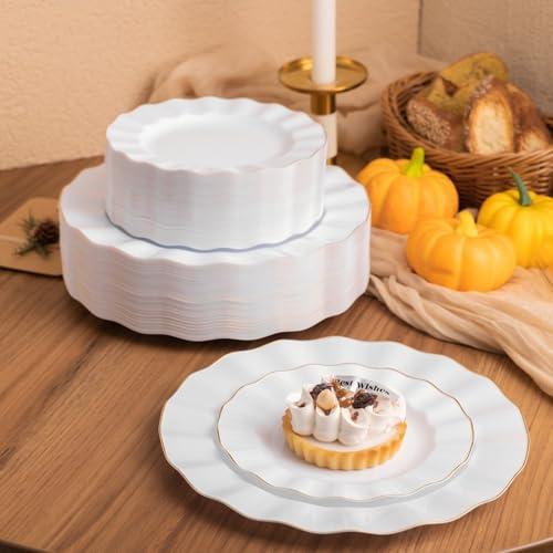 HIGH END 100 Pcs White Wave Plastic Plates with Gold Trim