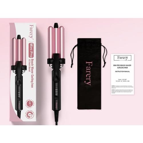 Farery Mini 3 Barrel Hair Waver - Portable Beach Wave Curling Iron for Short Hair, 1/2 Inch Ceramic Crimper with 3 Temp Settings & 30s Fast Heating, Dual Voltage Travel Hair Waver for Women, Pink