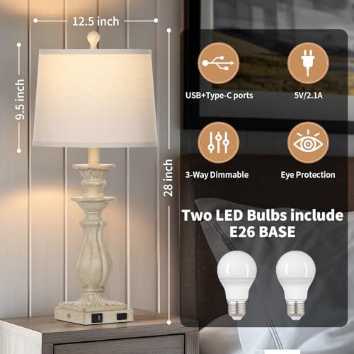 28 Farmhouse Table Lamps Set of 2 for Living Room, 3 Way Dimmable Bedside Lamp with USB C A Ports & AC Outlet, Resin Vintage Tall Nightstand Lamps for Bedroom Office Hallway, Beige