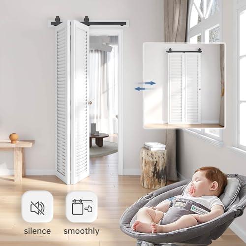 EaseLife 36 Bifold Sliding Barn Door Hardware Track Kit for 2 Closet Door,Top Mount Roller,Slide Smoothly Quietly,Easy Install,Black,Fit for Double 16 Wide Bi-Folding Door (Hardware Only)