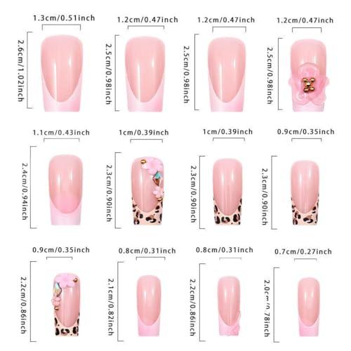 24Pcs 3D French Tip Press on Nails Long Square Flower Fake Nails with Rhinestones Design Pink False Nails Leopard Coffin Tip Stick on Nail Spring Summer Acrylic Nail Floral Glue on Nails for Women