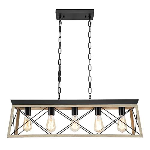 Dining Room Light Fixture,5-Light Chandelier for Island Light,Black and Oak FinishKitchen Lighting Hanging Pendant Light Kitchen Island,Industrial Island Lights for Kitchen Dining Room