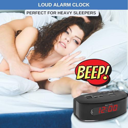 Digital Alarm Clocks for Bedrooms, 2 x USB-C and 2 x USB-A Charging Ports. Loud Alarm Clock for Heavy Sleepers Perfect for Bedroom, Desk, and Office.