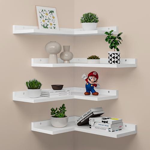 4-Tier Corner Floating Shelves, Rustic Pine L-Shaped Shelves for Creative Wall Storage in Bedroom, Bathroom & Any Room - White