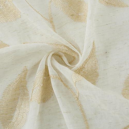 Bujasso Gold Linen Leaf Sheer Curtains Embroidered Floral Farmhouse Light Filtering Window Panels Botanical Sheer Drapes for Living Room Bedroom Grommet