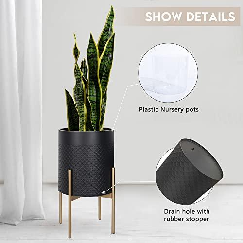Oakrain Planters for Indoor Plants, Set of 2 Mid Century Modern Planter with Stand, Decorative Metal Planter Pots for Living Room, Office, Garden or Balcony, Black, 10&12