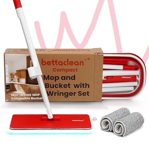 Collapsible Mop and Bucket Set with Wringer, Foldable Bucket and Mop for RV and Indoor or Outdoor Use, 3 Washable Microfiber Pads, for Cleaning Hardwood, Tile, Marble, & Concrete Floors by Bettaclean