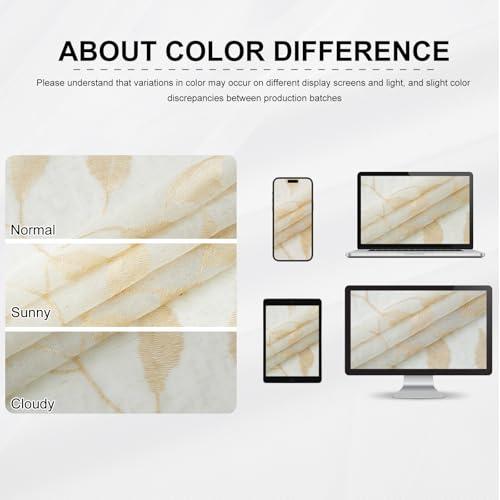 Bujasso Gold Linen Leaf Sheer Curtains Embroidered Floral Farmhouse Light Filtering Window Panels Botanical Sheer Drapes for Living Room Bedroom Grommet