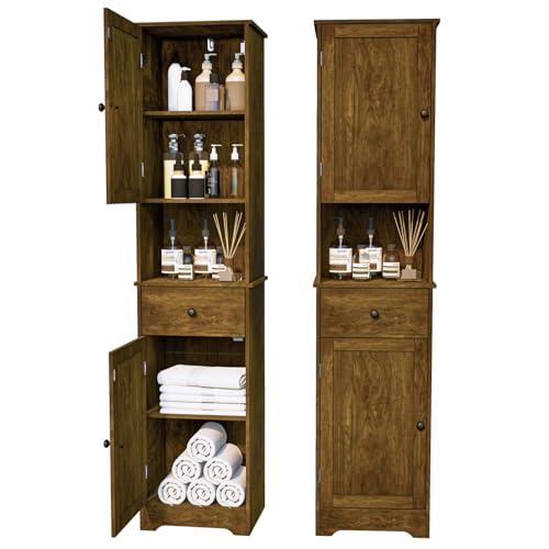 Tall Bathroom Cabinet, Storage Cabinet with 2 Doors & 2Drawer, with Ajustable Shelve, for Bathrooms, Kitchens,Entrances,Bedrooms（Retro Color）