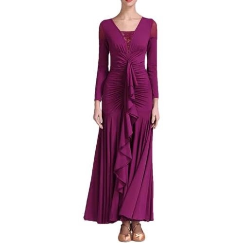 Dndrdhfb Women's XL Round Neck Latin Dance Skirt Long Sleeve Modern Dance Skirt Solid Color Waltz Skirt