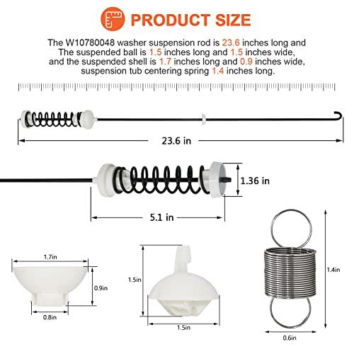 【NEW UPGRADED】W10780048 Suspension Rods(23.6in) W10400895 Washer Suspension Springs(4pcs) by Beaquicy - Replacement kit for Whirlpool Kenmore and Admiral - Replaces WTW4800XQ2, WTW4800XQ4, RTW4640YQ1