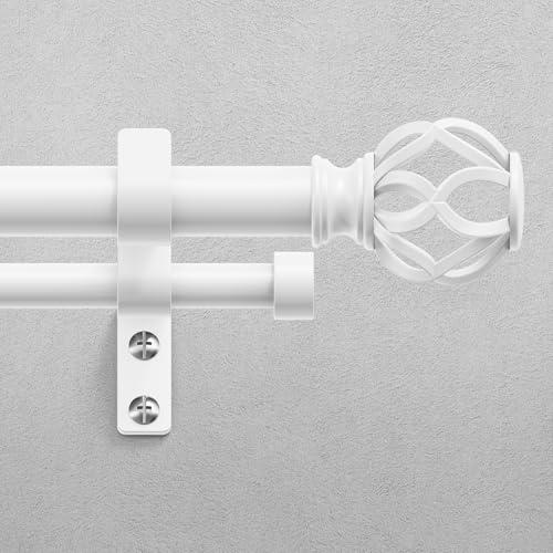 Double Curtain Rod 36-76 Inch, Heavy Duty Dual Rods, White | Decorative Aluminium Twisted Cage Finial, 1 Inch Adjustable Spliced Double Curtain Rods for Windows, All Metal, Easy Install