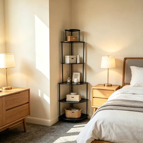 6 Tier Corner Shelf Stand, Corner Bookshelf, Wood Storage Shelving Unit for Small Space, Bathroom, Bedroom, Apartment, Easy to Assemble, Rustic Brown (Black)
