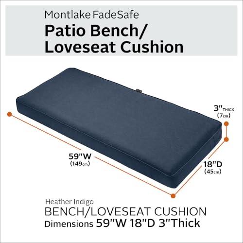 Classic Accessories 62-045-INDIGO-EC Montlake FadeSafe Water-Repellent 59 x 18 x 3 Inch Outdoor Bench Cushion, Heather Indigo