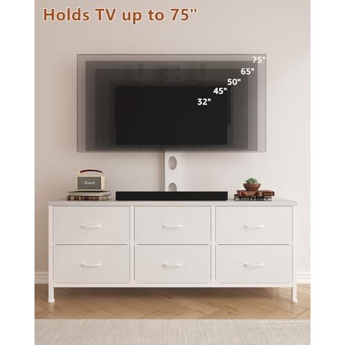 TV Stand with Mount, Fabric Dresser with 6 Drawers for 32/45/55/60/65/75 inch TVs, White Dresser Entertainment Center, Modern Media TV Console Table