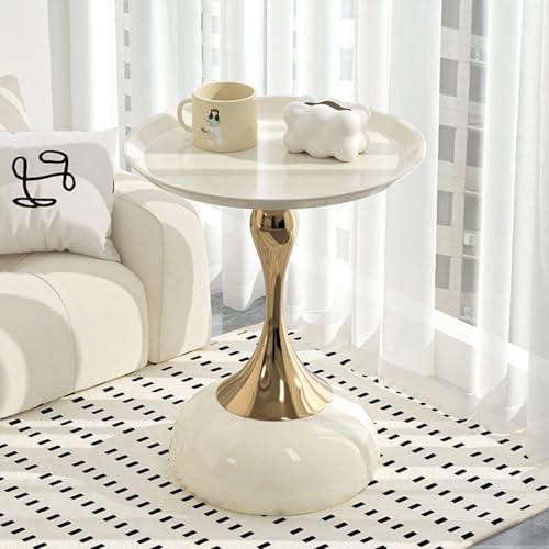 Modern Round Side Table with Gold Pedestal Base, Black Metal Top, Accent End Table for Living Room (White)