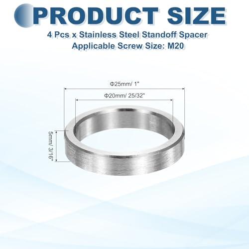 MECCANIXITY 4pcs M20 Metal Spacers, M20 IDx25mm ODx5mm Length Stainless Steel Spacer Round Unthreaded Standoff Bushing Plain Finish for Screw Bolts, Silver 20x25x5mm