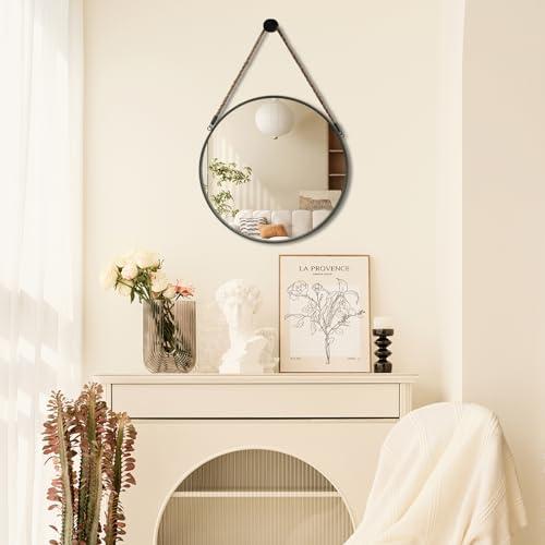 POZINO Round Mirror, Rope Hanging Mirror, 15 Inch Farmhouse Circle Wall Mirror for Bathroom Bedroom Living Room Entryway Home Decor, Grey