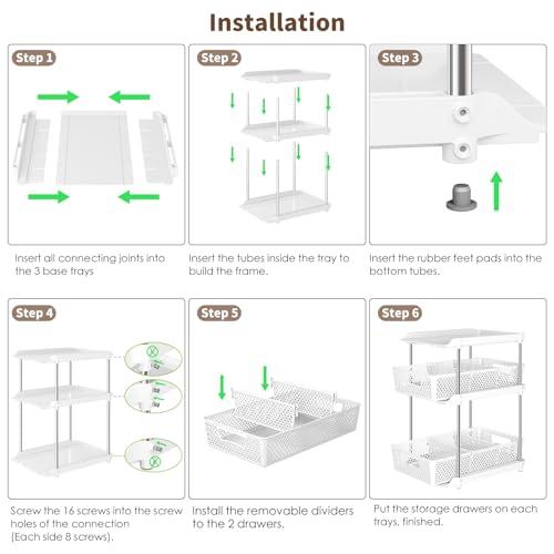 DABIGE 3Pcs 3 Tier Bathroom Organizers and Storage, UPGRADE WIDER BOLDER, Pull Out Under Sink Organizer with Dividers, Kitchen Pantry Organizers - White