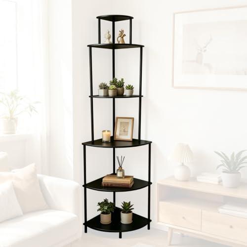6 Tier Corner Shelf Stand, Corner Bookshelf, Wood Storage Shelving Unit for Small Space, Bathroom, Bedroom, Apartment, Easy to Assemble, Rustic Brown (Black)